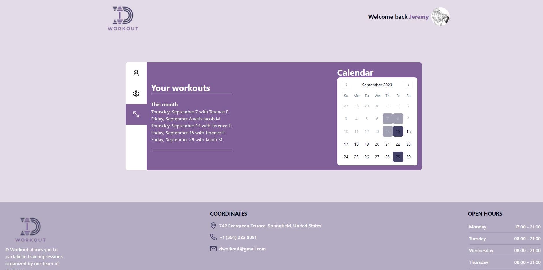 Personal workouts page