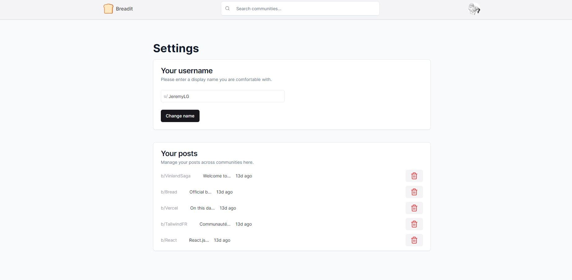 Settings page
